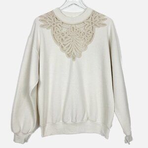 Jerzees Crocheted Sweatshirt Womens Large Cream Lace Inset Crew Neck Grannycore